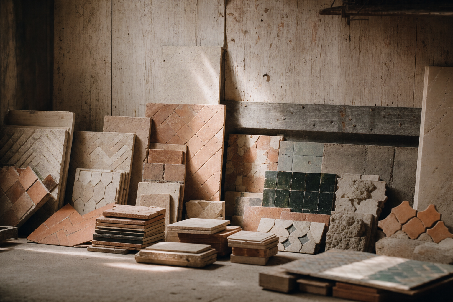 Tile sample library with stacks of terracotta, stone, and zellige samples